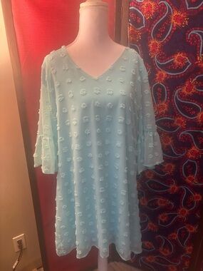 Light Blue Textured V-Neck Women's Dress
